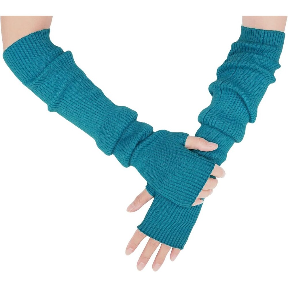 Women's Lake Blue Soft Cozy Arm Winter Warmers Fingerless Knitted Long Gloves